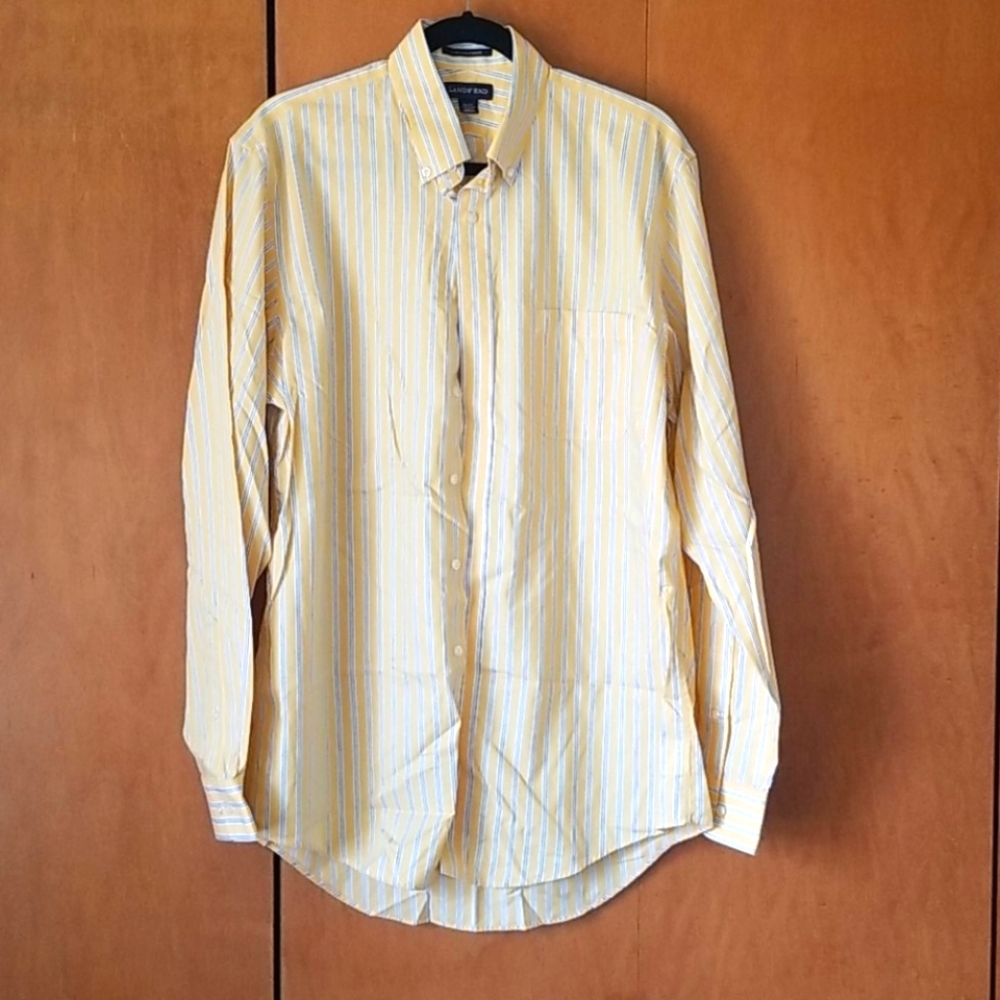 Mens Land's End Yellow Stripe Dress Shirt 100% Cotton Office Workwear